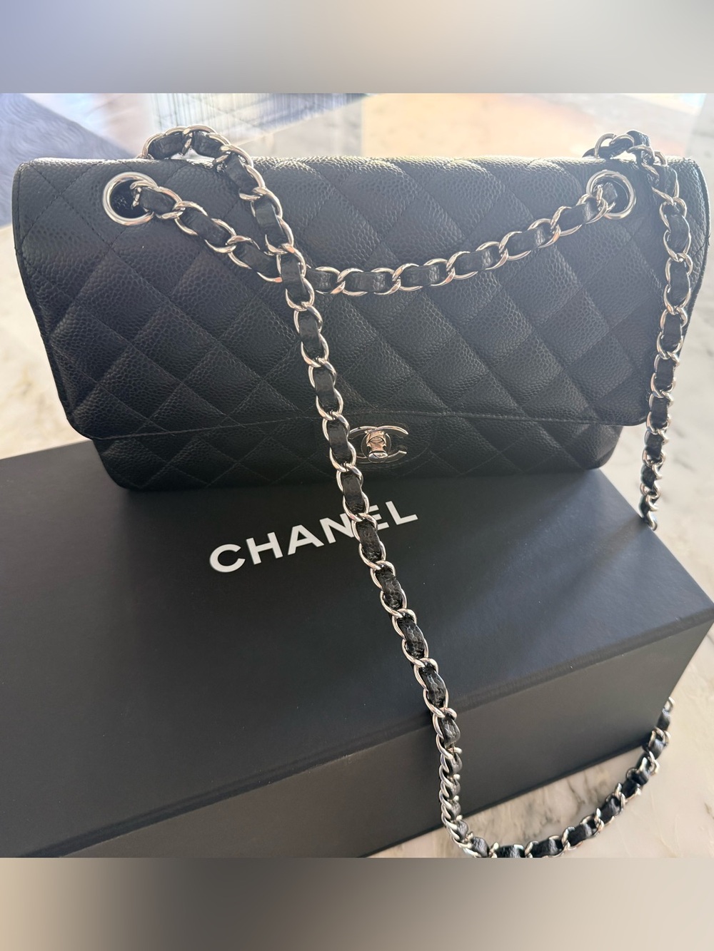 Chanel Classic Medium Double Flap Bag Black Caviar Leather Silver Hardware